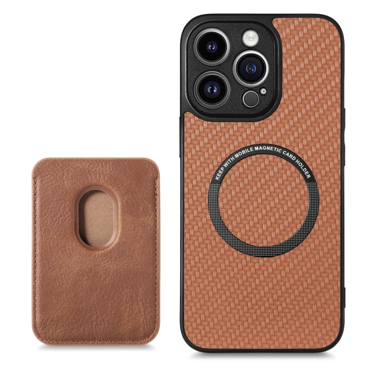 For iPhone 13 Pro Max Carbon Fiber Leather Card Magsafe Magnetic Phone Case(Brown) by bashfashion