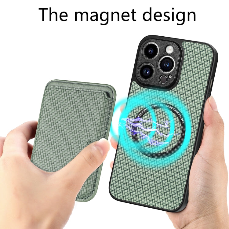 For iPhone 13 Pro Max Carbon Fiber Leather Card Magsafe Magnetic Phone Case(Green) by bashfashion