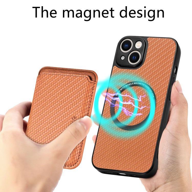 For iPhone 14 Carbon Fiber Leather Card Magsafe Magnetic Phone Case(Brown) by bashfashion