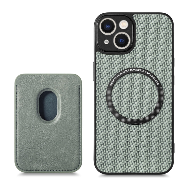 For iPhone 14 Carbon Fiber Leather Card Magsafe Magnetic Phone Case(Green) by bashfashion