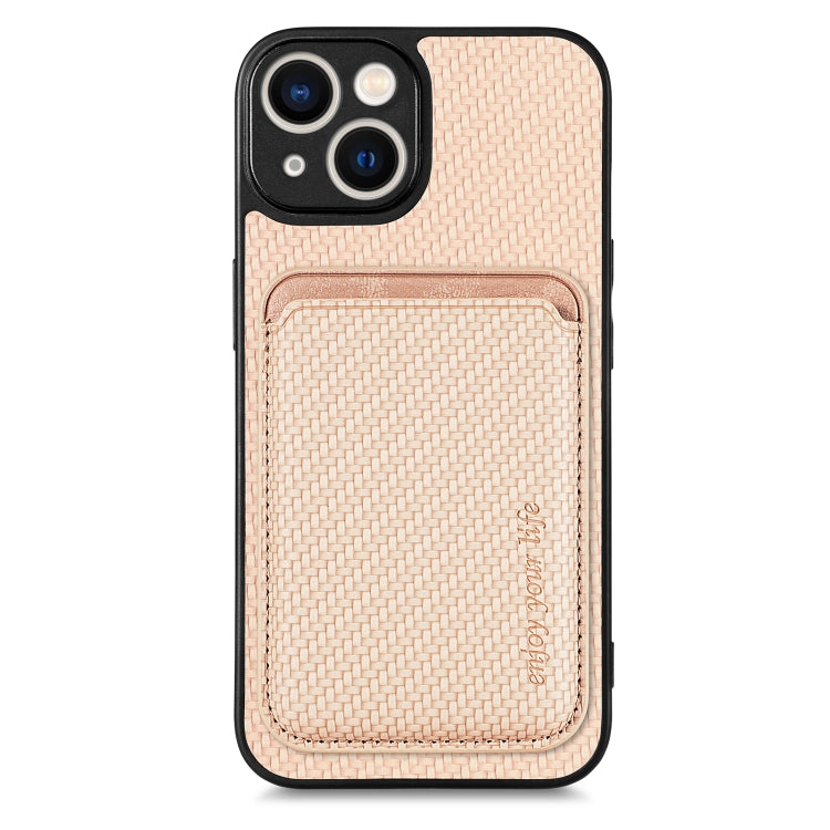 For iPhone 14 Carbon Fiber Leather Card Magsafe Magnetic Phone Case(Khaki) by bashfashion