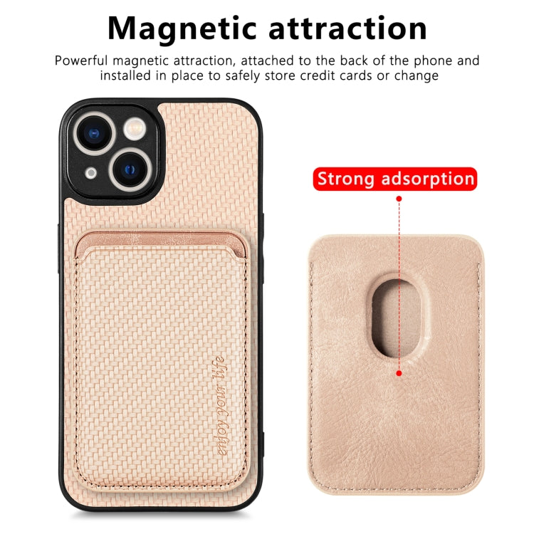 For iPhone 14 Carbon Fiber Leather Card Magsafe Magnetic Phone Case(Khaki) by bashfashion