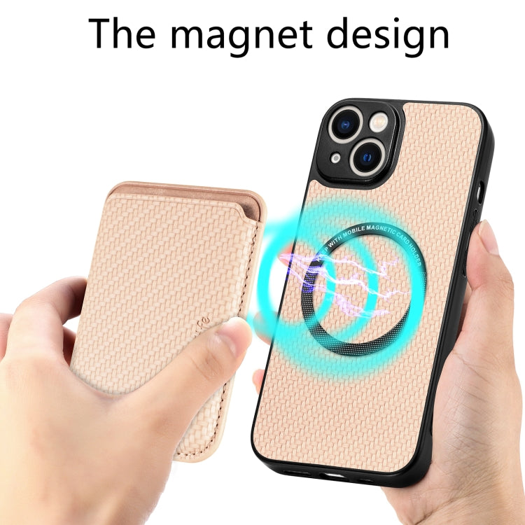 For iPhone 14 Carbon Fiber Leather Card Magsafe Magnetic Phone Case(Khaki) by bashfashion