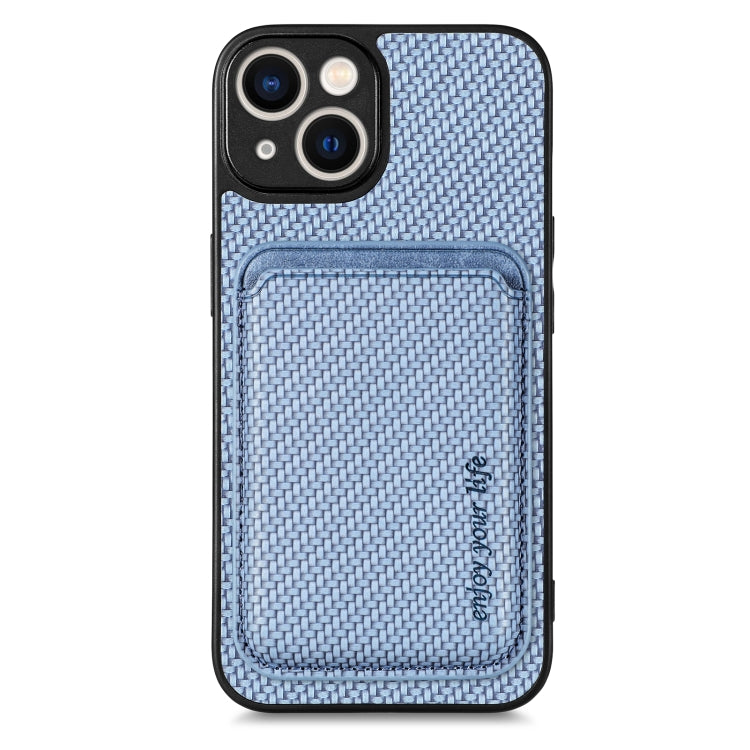 For iPhone 14 Plus Carbon Fiber Leather Card Magsafe Magnetic Phone Case(Blue) by bashfashion