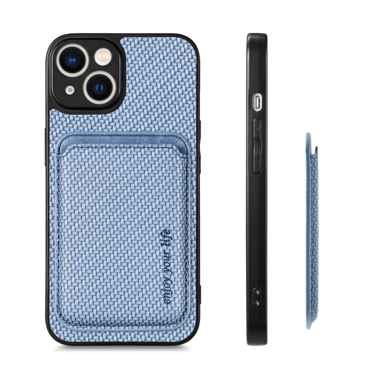 For iPhone 14 Plus Carbon Fiber Leather Card Magsafe Magnetic Phone Case(Blue) by bashfashion