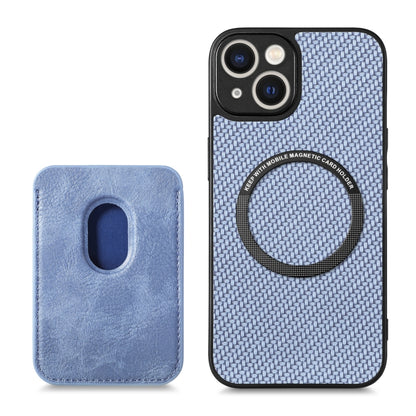 For iPhone 14 Plus Carbon Fiber Leather Card Magsafe Magnetic Phone Case(Blue) by bashfashion