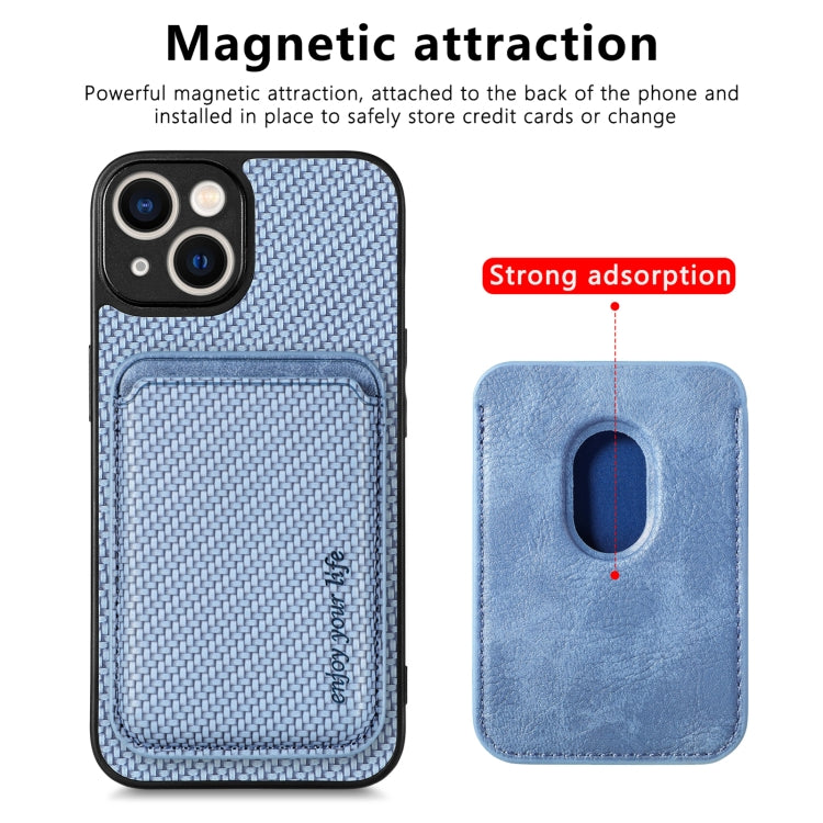 For iPhone 14 Plus Carbon Fiber Leather Card Magsafe Magnetic Phone Case(Blue) by bashfashion