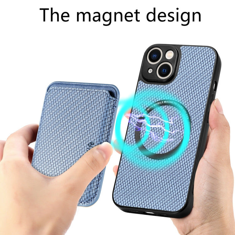 For iPhone 14 Plus Carbon Fiber Leather Card Magsafe Magnetic Phone Case(Blue) by bashfashion