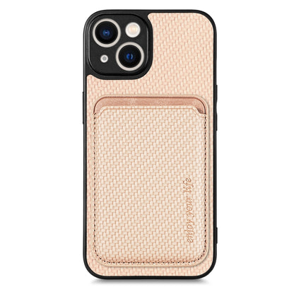 For iPhone 14 Plus Carbon Fiber Leather Card Magsafe Magnetic Phone Case(Khaki) by bashfashion
