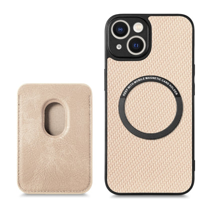For iPhone 14 Plus Carbon Fiber Leather Card Magsafe Magnetic Phone Case(Khaki) by bashfashion