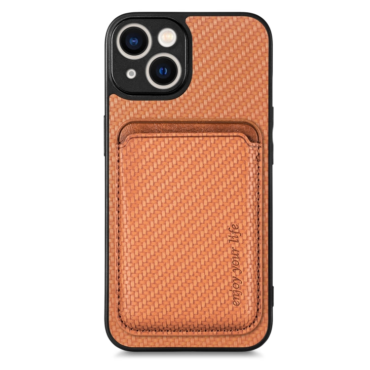 For iPhone 14 Pro Carbon Fiber Leather Card Magsafe Magnetic Phone Case(Brown) by bashfashion
