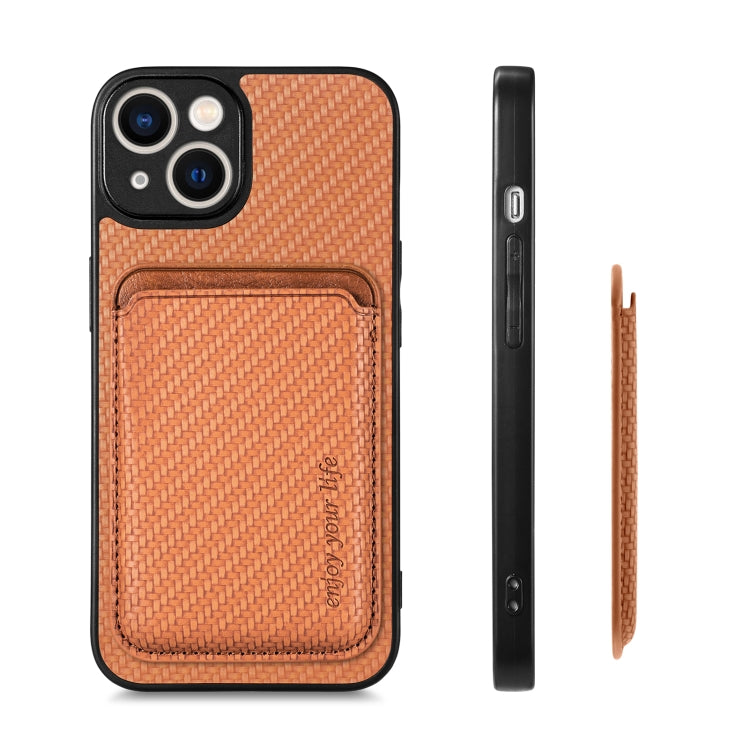 For iPhone 14 Pro Carbon Fiber Leather Card Magsafe Magnetic Phone Case(Brown) by bashfashion