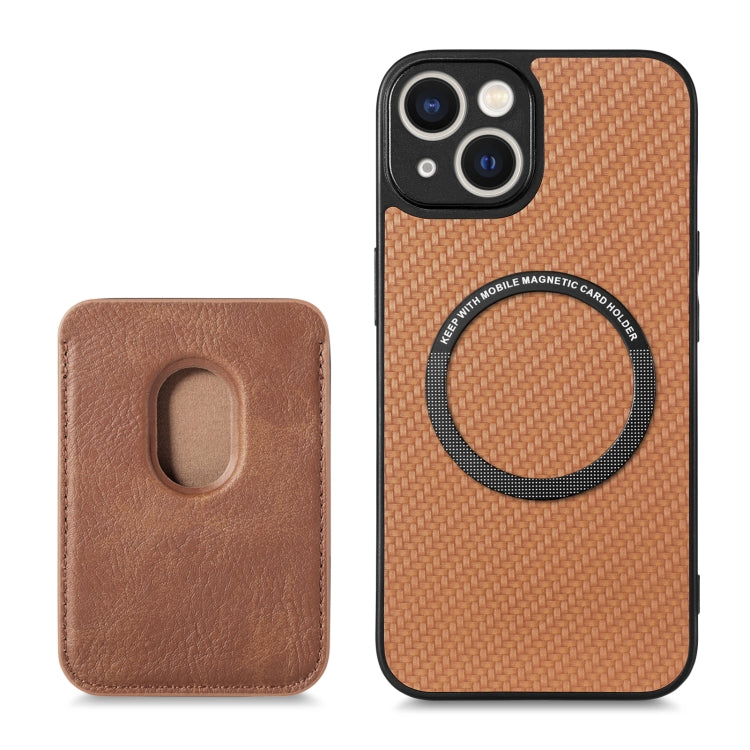 For iPhone 14 Pro Carbon Fiber Leather Card Magsafe Magnetic Phone Case(Brown) by bashfashion
