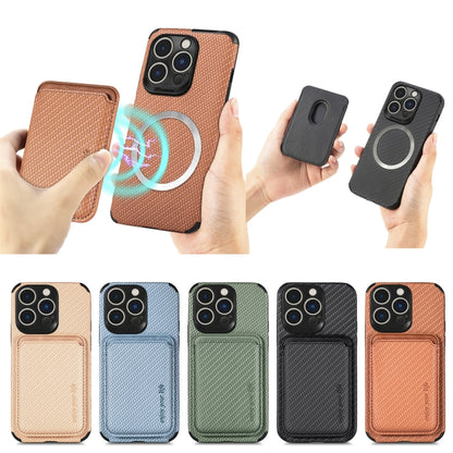For iPhone 14 Pro Carbon Fiber Leather Card Magsafe Magnetic Phone Case(Brown) by bashfashion