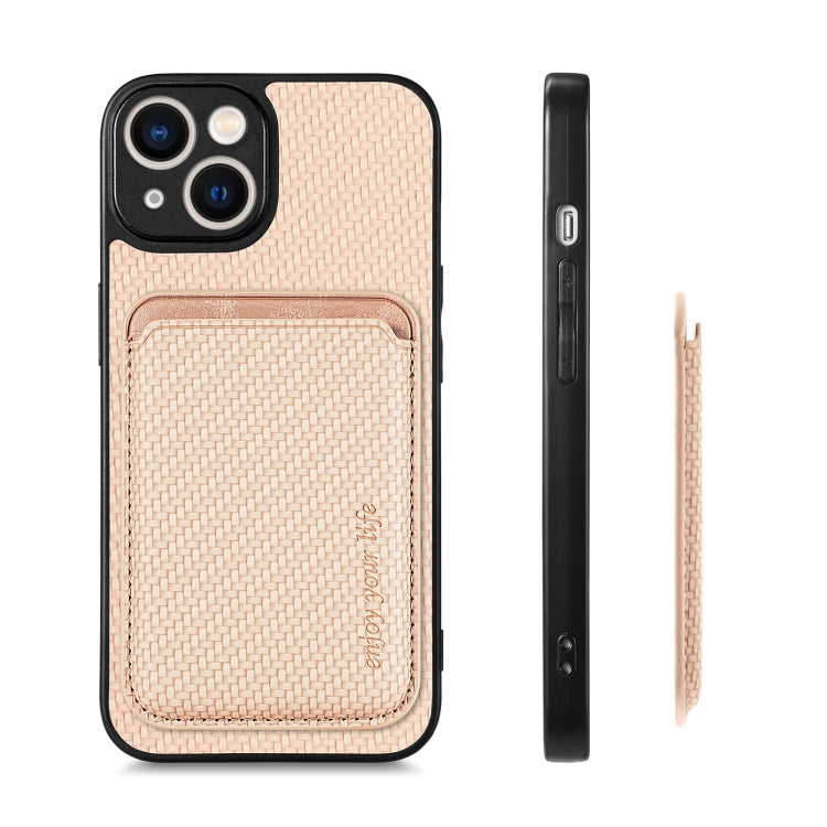 For iPhone 14 Pro Max Carbon Fiber Leather Card Magsafe Magnetic Phone Case(Khaki) by bashfashion