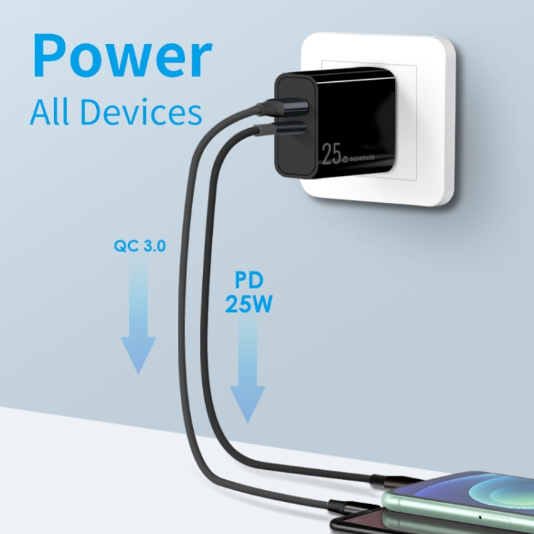 NORTHJO NOPD2502 PD 25W USB-C/Type-C + QC 3.0 USB Dual Ports Fast Charger, Plug Type:AU Plug(Black) by NORTHJO