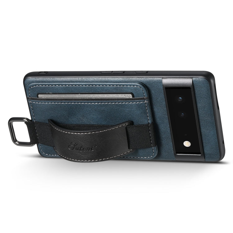 For Googel Pixel 6 Suteni H13 Card Wallet Wrist Strap Holder PU Phone Case(Blue) by Suteni