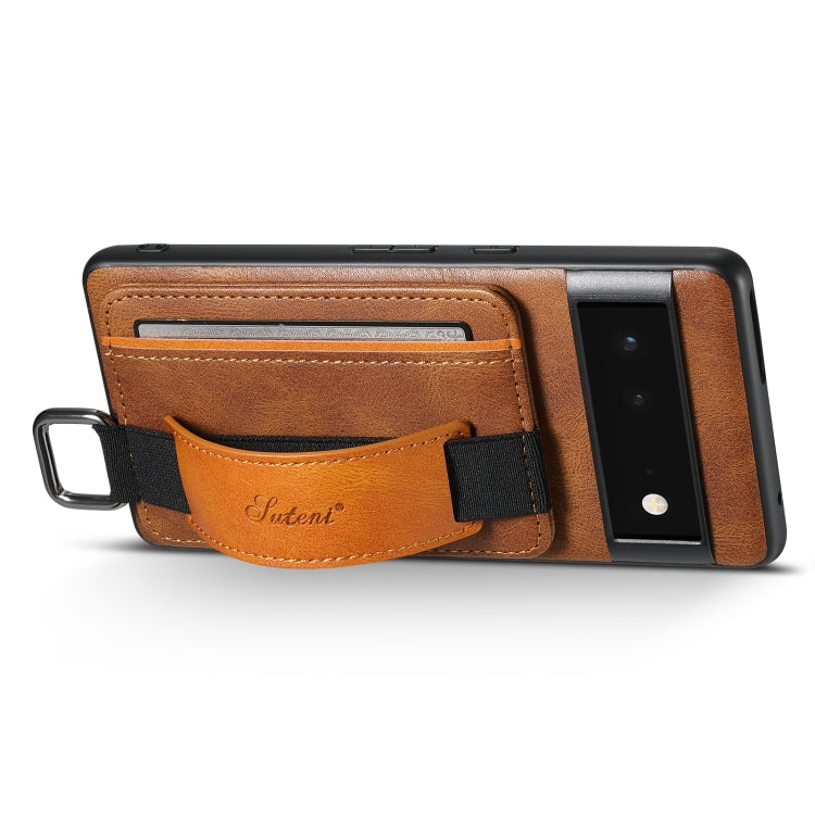 For Googel Pixel 6 Pro Suteni H13 Card Wallet Wrist Strap Holder PU Phone Case(Brown) by Suteni