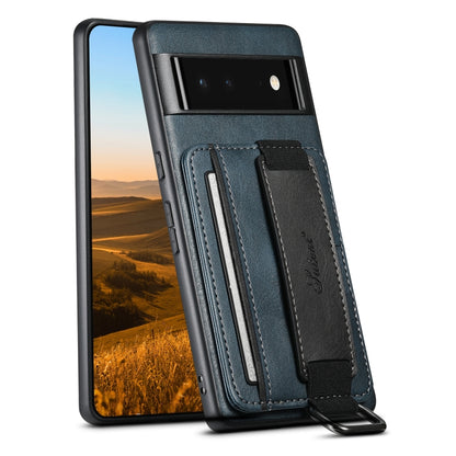 For Googel Pixel 6 Pro Suteni H13 Card Wallet Wrist Strap Holder PU Phone Case(Blue) by Suteni