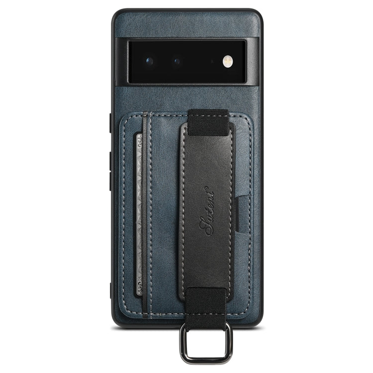For Googel Pixel 6 Pro Suteni H13 Card Wallet Wrist Strap Holder PU Phone Case(Blue) by Suteni