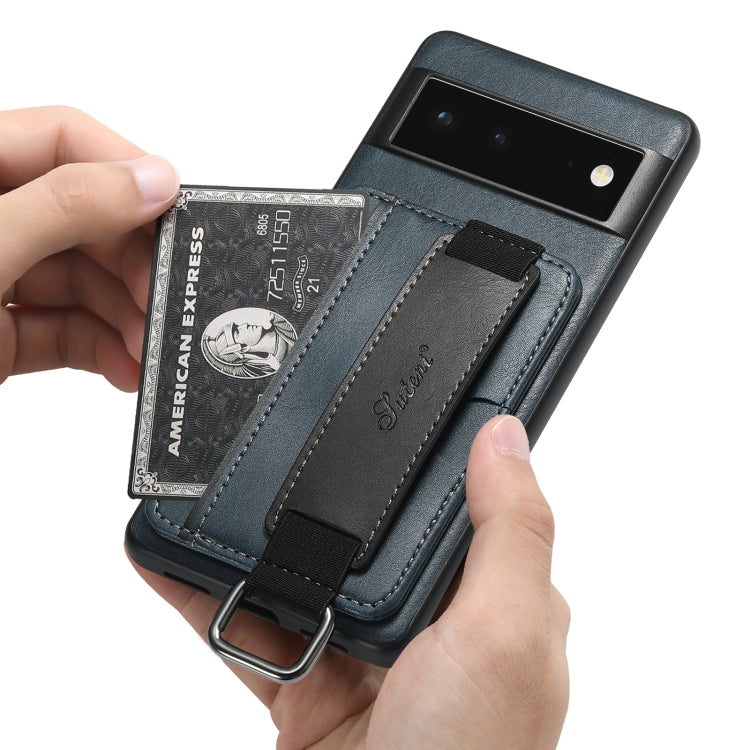 For Googel Pixel 6 Pro Suteni H13 Card Wallet Wrist Strap Holder PU Phone Case(Blue) by Suteni