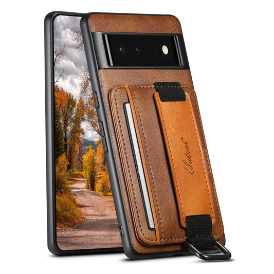 For Googel Pixel 6a Suteni H13 Card Wallet Wrist Strap Holder PU Phone Case(Brown) by Suteni