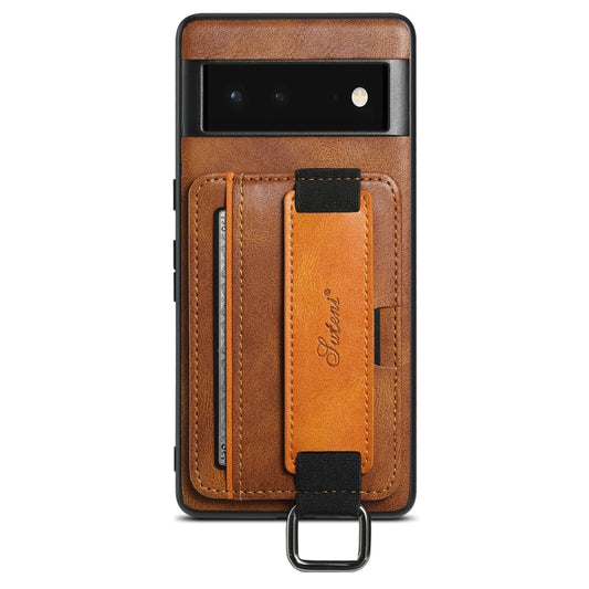 For Googel Pixel 6a Suteni H13 Card Wallet Wrist Strap Holder PU Phone Case(Brown) by Suteni