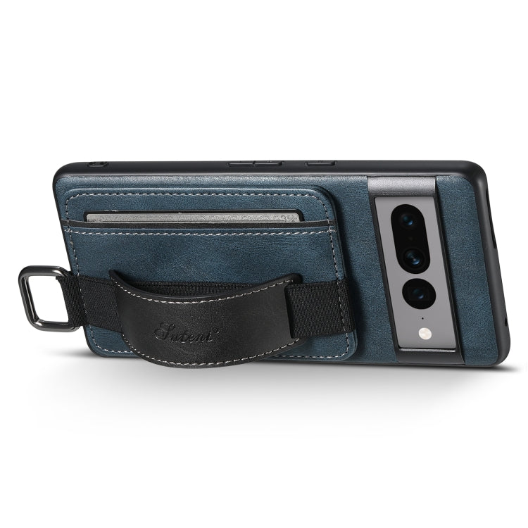 For Googel Pixel 7 Pro 5G Suteni H13 Card Wallet Wrist Strap Holder PU Phone Case(Blue) by Suteni