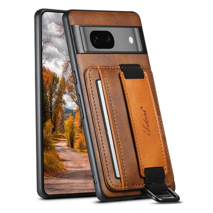 For Googel Pixel 7a Suteni H13 Card Wallet Wrist Strap Holder PU Phone Case(Brown) by Suteni