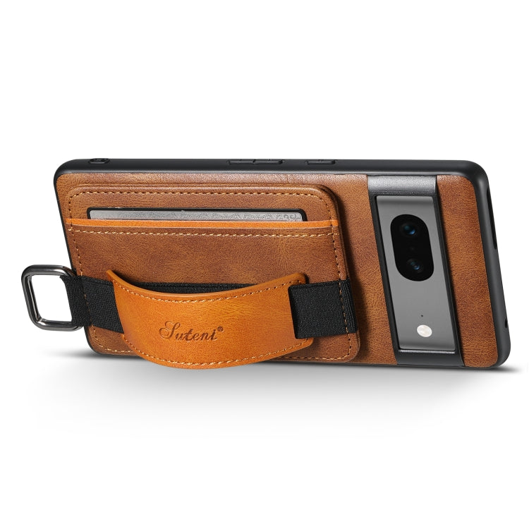 For Googel Pixel 7a Suteni H13 Card Wallet Wrist Strap Holder PU Phone Case(Brown) by Suteni