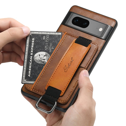 For Googel Pixel 7a Suteni H13 Card Wallet Wrist Strap Holder PU Phone Case(Brown) by Suteni
