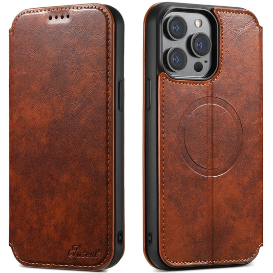 For iPhone 14 Plus Suteni J05 Leather Magnetic Magsafe Phone Case(Khaki) by Suteni