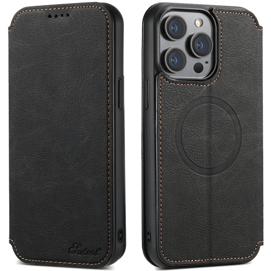 For iPhone 14 Plus Suteni J06 Retro Matte Litchi Texture Leather Magnetic Magsafe Phone Case(Black) by Suteni