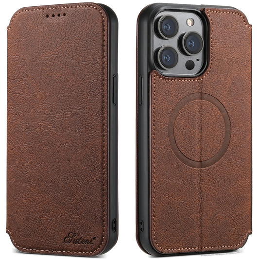 For iPhone 14 Plus Suteni J06 Retro Matte Litchi Texture Leather Magnetic Magsafe Phone Case(Brown) by Suteni