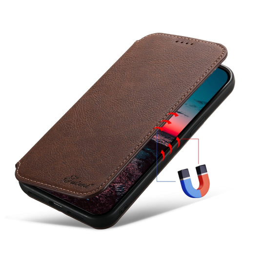 For iPhone 14 Plus Suteni J06 Retro Matte Litchi Texture Leather Magnetic Magsafe Phone Case(Brown) by Suteni