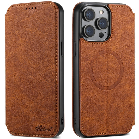 For iPhone 14 Plus Suteni J06 Retro Matte Litchi Texture Leather Magnetic Magsafe Phone Case(Khaki) by Suteni