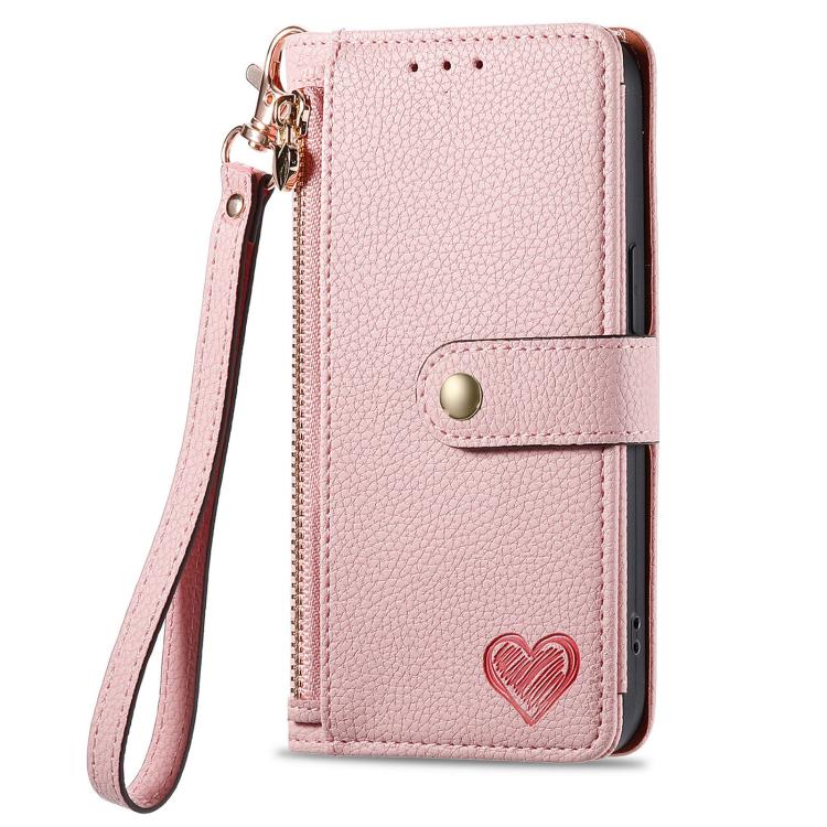 For iPhone 16e Love Zipper Lanyard Leather Phone Case(Pink) by bashfashion