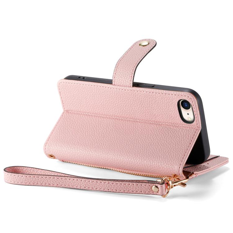 For iPhone 16e Love Zipper Lanyard Leather Phone Case(Pink) by bashfashion