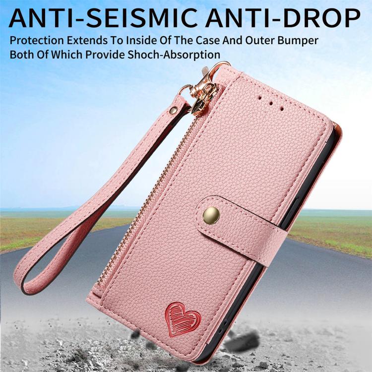 For iPhone 16e Love Zipper Lanyard Leather Phone Case(Pink) by bashfashion