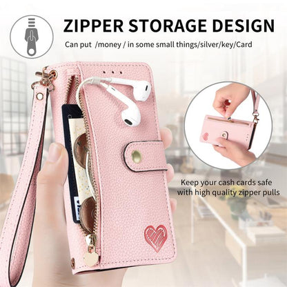 For iPhone 16e Love Zipper Lanyard Leather Phone Case(Pink) by bashfashion