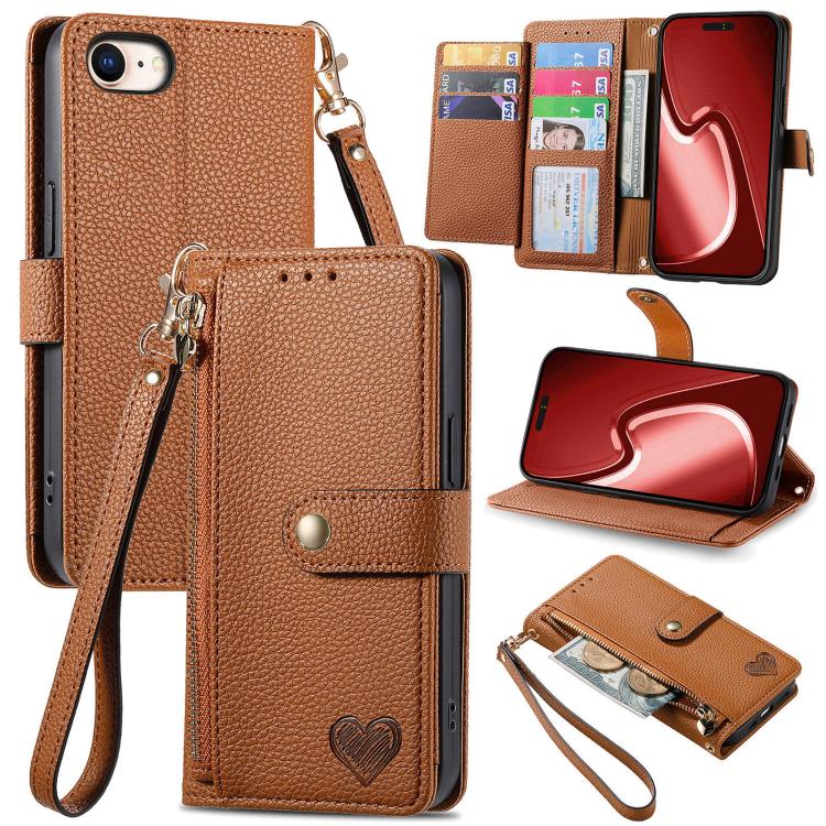 For iPhone 16e Love Zipper Lanyard Leather Phone Case(Brown) by bashfashion