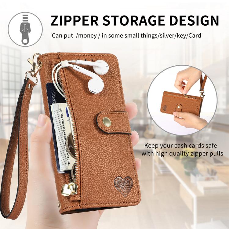 For iPhone 16e Love Zipper Lanyard Leather Phone Case(Brown) by bashfashion