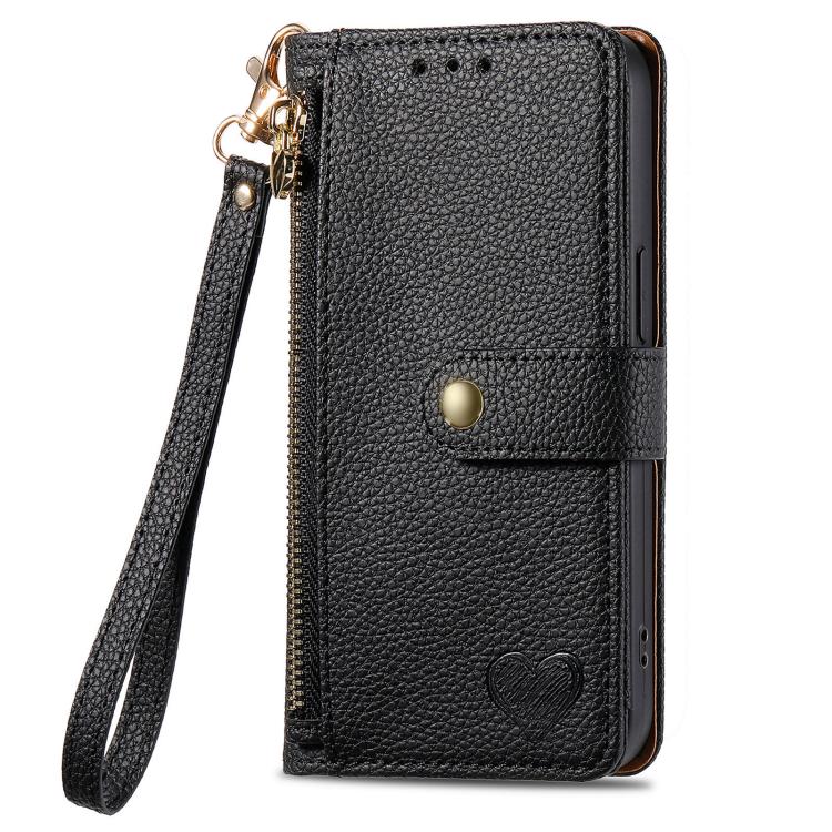 For iPhone 16e Love Zipper Lanyard Leather Phone Case(Black) by bashfashion