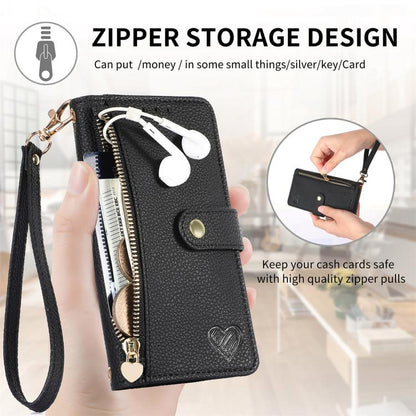 For iPhone 16e Love Zipper Lanyard Leather Phone Case(Black) by bashfashion