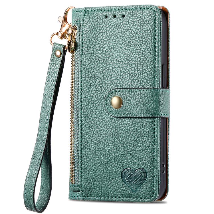 For iPhone 16e Love Zipper Lanyard Leather Phone Case(Green) by bashfashion
