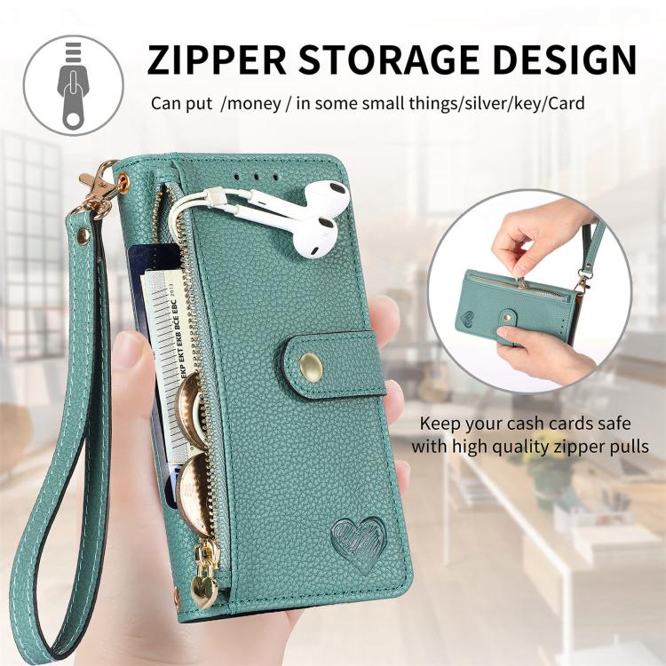 For iPhone 16e Love Zipper Lanyard Leather Phone Case(Green) by bashfashion