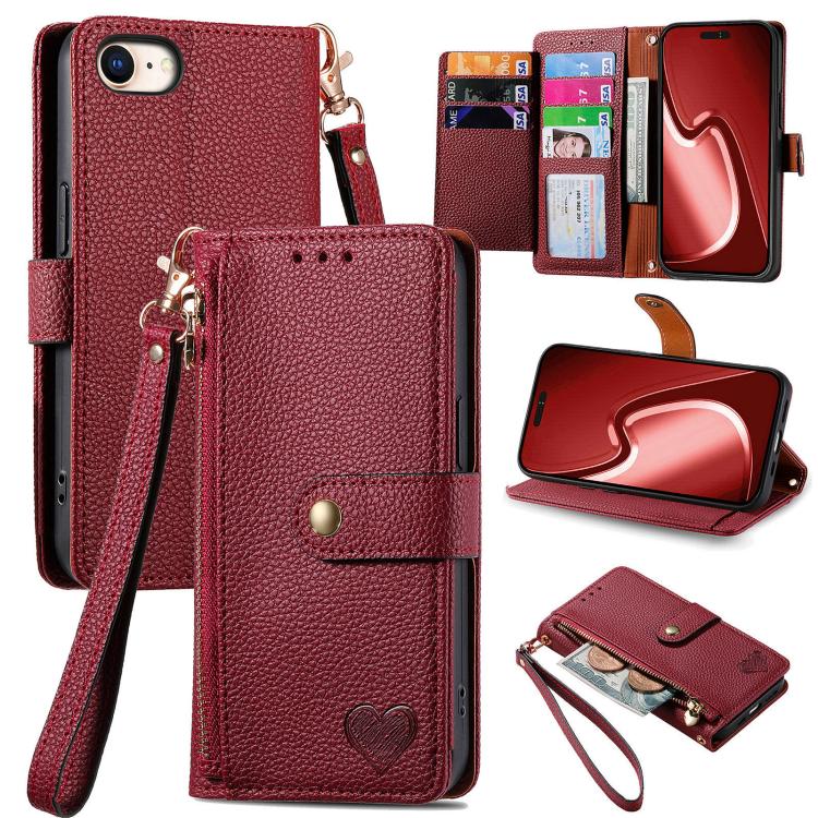 For iPhone 16e Love Zipper Lanyard Leather Phone Case(Red) by bashfashion