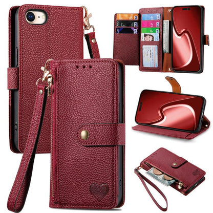 For iPhone 16e Love Zipper Lanyard Leather Phone Case(Red) by bashfashion
