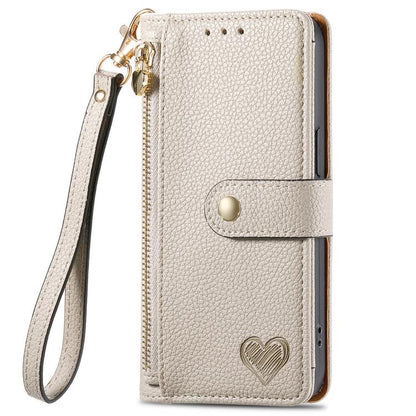 For iPhone 16e Love Zipper Lanyard Leather Phone Case(Gray) by bashfashion