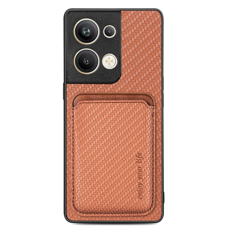 For OPPO Reno9 Pro+ Carbon Fiber Leather Card Magsafe Magnetic Phone Case(Brown) by bashfashion